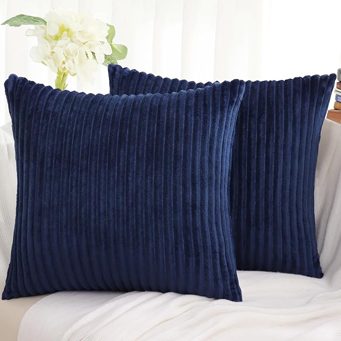 Simmore Decorative Throw Pillow Covers 18x18 Set of 2, Soft Natural Plush Flannel Double-Sided Fluffy Couch Pillow Covers for Sofa Living Room, Navy Blue