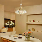 XINGQI Round Crystal Chandeliers for Dining Room Modern 4-Light Rustic Farmhouse Light Fixture Brushed Nickel Pendant Lighting for Living Room Kitchen Island Bedroom
