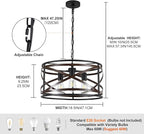 Black Farmhouse Chandeliers for Dining Room, 3-Light 18.5" Drum Chandelier Rustic Wood and Black Metal Hanging Light Fixture for Entryway Kitchen Foyer Bedroom