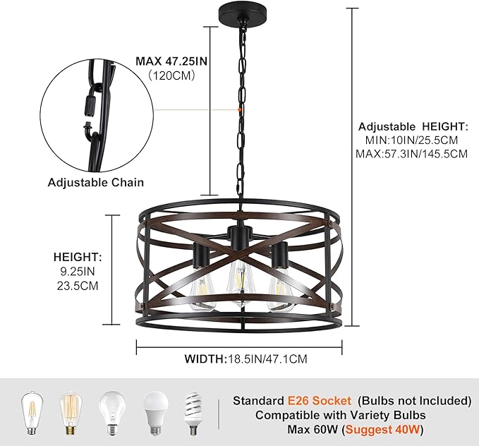 Black Farmhouse Chandeliers for Dining Room, 3-Light 18.5" Drum Chandelier Rustic Wood and Black Metal Hanging Light Fixture for Entryway Kitchen Foyer Bedroom