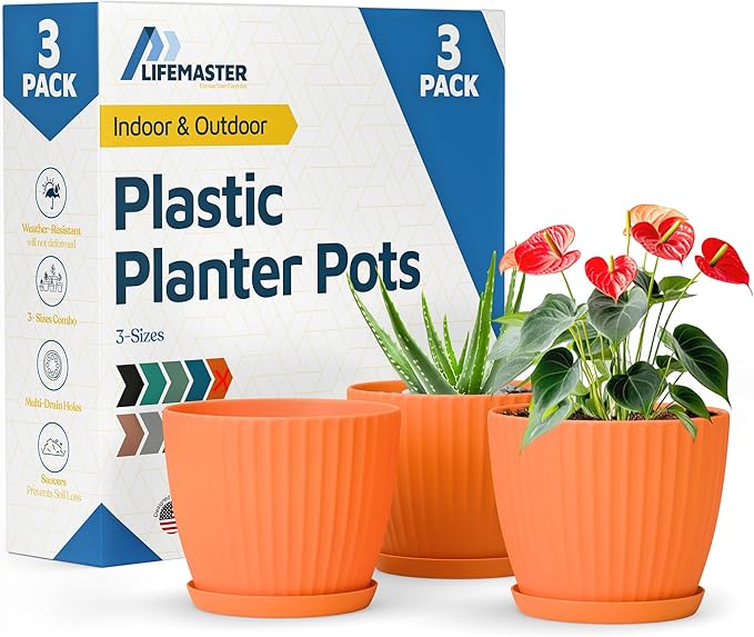 Yellow 6-Inch Plant Pots with Drainage & Saucers 3 Pack, Indoor & Outdoor Planters for Houseplants, Herbs, and Flowers, Durable & Weatherproof Material, Stackable, Lightweight, Minimalist Design