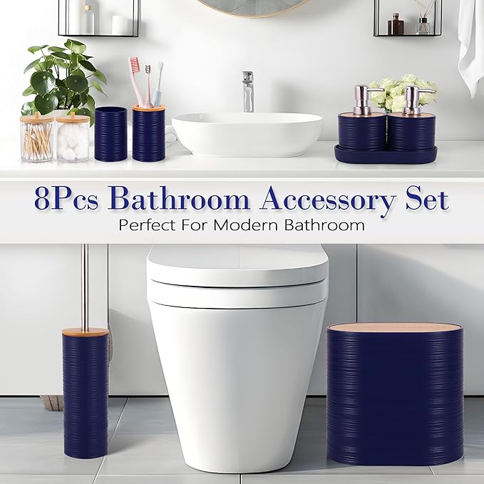 Bathroom Accessory Set,10 PCS Navy Blue Bathroom Set with Trash Can,Toothbrush Holder,Soap Dispenser,Toothbrush Cup,Vanity Tray,Soap Dish,Toilet Brush,Qtip Holders