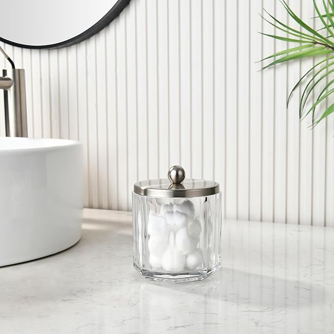 Home Glass Cotton Jar Holder Nickel Lid, Elegant Bathroom Storage Canister for Qtips, Cotton Balls, Floss, Makeup Organizer, Vanity Bathroom Organization