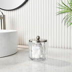 Home Glass Cotton Jar Holder Nickel Lid, Elegant Bathroom Storage Canister for Qtips, Cotton Balls, Floss, Makeup Organizer, Vanity Bathroom Organization