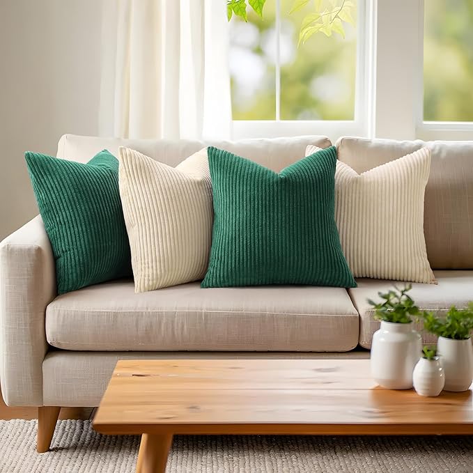 Mecatny Christmas Decorative Corduroy Throw Pillow Covers 18x18 Set of 2 for Sofa Living Room, Soft Neutral Boho Couch Pillow Covers for Home Decor, Green
