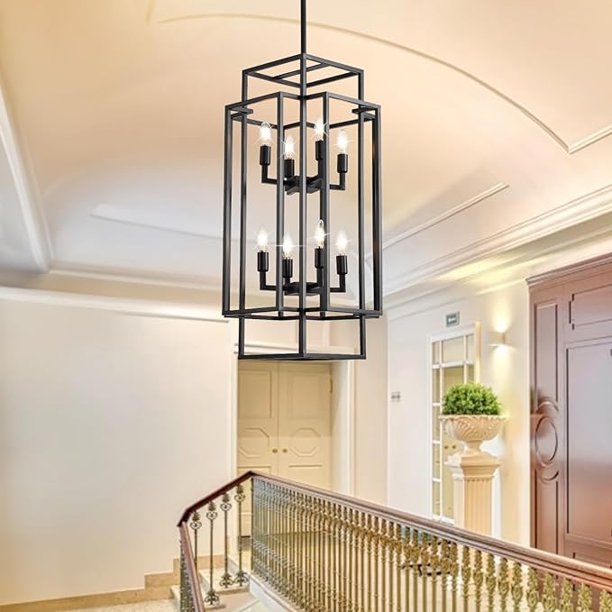 Black Farmhouse Modern Chandelier, 8-Light Tiered High Ceiling Chandeliers, Foyer Lighting Fixtures, Industrial Hanging Metal Lantern Pendant Light, for Livin Room,Entryway,Staircase,Hallway