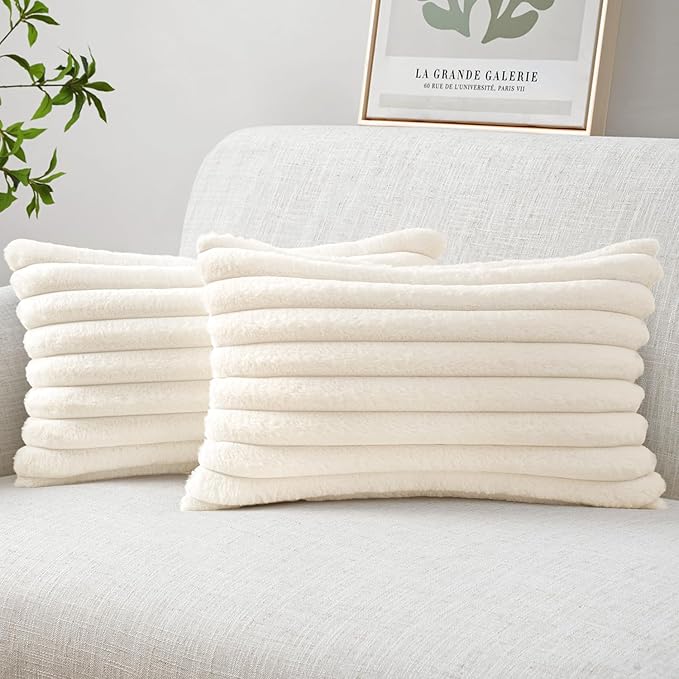 MIULEE Faux Fur Lumbar Christmas Decorative Throw Pillow Covers 12x20 Inch Set of 2, Modern Spring Home Decor Soft Plush Couch Pillows Cozy Fluffy Cushion Covers for Sofa Bed Beige