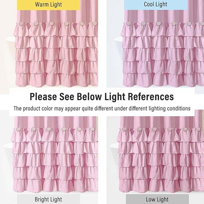 Seasonwood Pink Ruffle Shower Curtain - Girly Cute Button Farmhouse Style Fabric Blush Shower Curtain for Bathroom