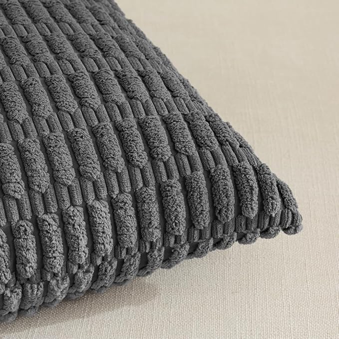 Fancy Homi Dark Grey Decorative Throw Pillow Covers 12x20 Inch for Living Room Couch Bed Sofa, Rustic Farmhouse Boho Home Decor, Soft Striped Corduroy Square Cushion Case 30x50 cm
