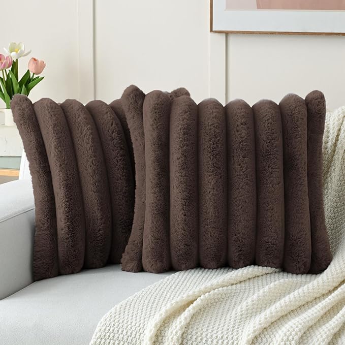 FUTEI Dark Coffee Decorative Throw Pillow Covers 26x26 Inch Set of 2, Square Soft Faux Rabbit Fur Big Striped Pillow Sham,Home Decor for Couch Sofa Bed Living Room