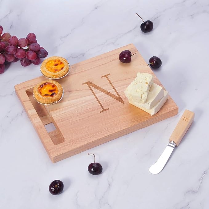 Miicol Wood Charcuterie Board, Monogram Cheese Board 10 Inch, Personalized Initial Cutting Board with Spreader, Unique Housewarming Gift, Ideal for Kitchen, Home, Letter N