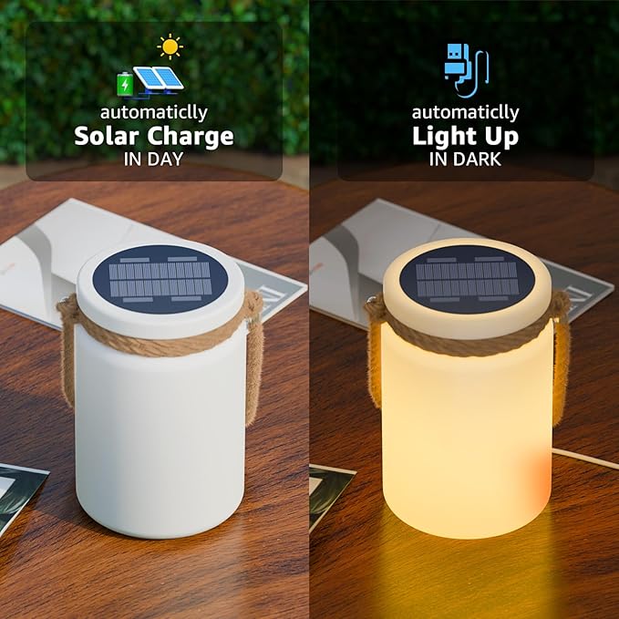 uuffoo Solar Table Lamp Lantern LED Outdoor Cordless IP44 RGB and Warm White Dimmable for Patio Camping Restaurant Terrace (White 2 Pack)