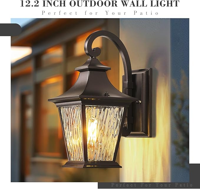 Emliviar 12.2 Inch Wall Light with Water Ripple Glass, 1-Light Outdoor Patio Light for House, Die-cast Aluminum in Oil Rubbed Bronze Finish, XE219B ORB