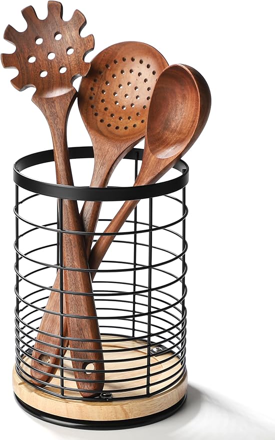 Utensil Holder for Kitchen Rotating Utensil Crock for Countertop, Cooking Utensil Organizer for Spatula with Rotatable Wooden Base