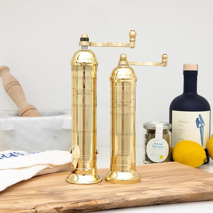 Original Greek Pepper Mill, 9-Inch Brass – European Manual Pepper Grinder, Refillable, with Polishing Cloth