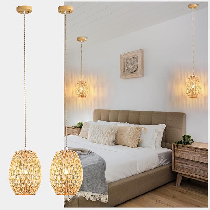 2-Light Rattan Pendant Light, Boho Chandelier Light Fixture, Small Wicker Light Fixture, Wicker Chandelier, for Bedroom Kitchen Island, ETL Listed