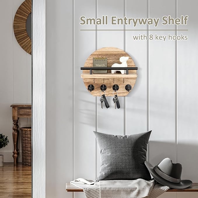 Nekon Key Holder for Wall - 9.8 Inch Apartment Wall Decor with Shelf and 8 Key Hooks, Circular Wood Key Hanger for Home Decor (Wood)