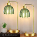 Green Table Lamp Set of 2,Small Glass Bedside Lamps Dimmable Boho Bedroom Lamp with Tulip Flower Lamp Shade,Gold Vintage Mid Century Modern Mini Nightstand Lamp for Bedroom Living Room