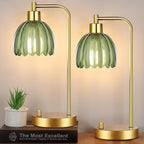 Green Table Lamp Set of 2,Small Glass Bedside Lamps Dimmable Boho Bedroom Lamp with Tulip Flower Lamp Shade,Gold Vintage Mid Century Modern Mini Nightstand Lamp for Bedroom Living Room