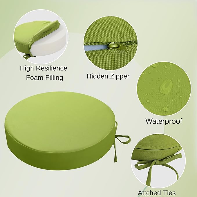 idee-home Outdoor Bistro Chair Cushions, 15”x15”x 3” Thick Outdoor Round Seat Cushions Set of 4 with Ties, Waterproof Round Patio Furniture for Garden