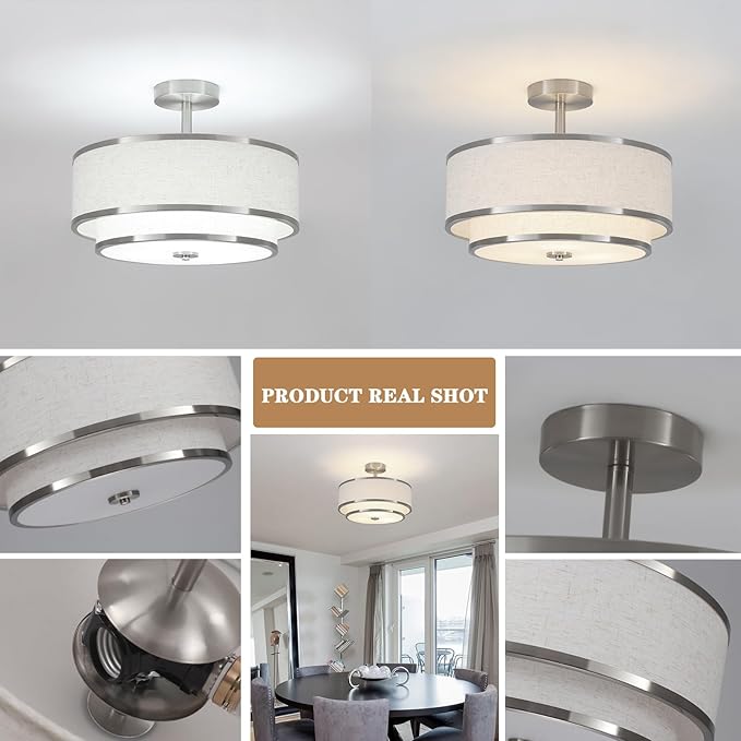 BUXVRCS Semi Flush Mount Ceiling Light Fixture, Modern Light Fixtures Ceiling Mount with Fabric Shade, 3-Light Double Drum Lighting Fixtures Close to Ceiling Light for Bedroom (Brushed Nickel)