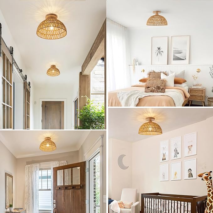 2 Packs Boho Light Rattan Chandelier Ceiling Lighting Fixtures Boho Lamp Shade Flush Mount Ceiling Light Hand-Woven Small Chandelier for Hallway Bedroom Kitchen Nursery Lights