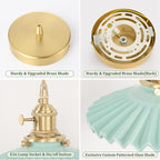Pendant Light with Green Pleated Ceramic Lmapshade, Brass Vintage Pendant Light Adjustable Hanging Light for Kitchen Island Dining Room Hallway