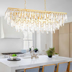 Rectangle Dining Room Chandelier, 32" Gold Modern Rectangle Luxury Crystal Chandelier 10 Lights Top K9 Linear Ceiling Pendant Light Fixture for Dining Room Kitchen Table Living Room
