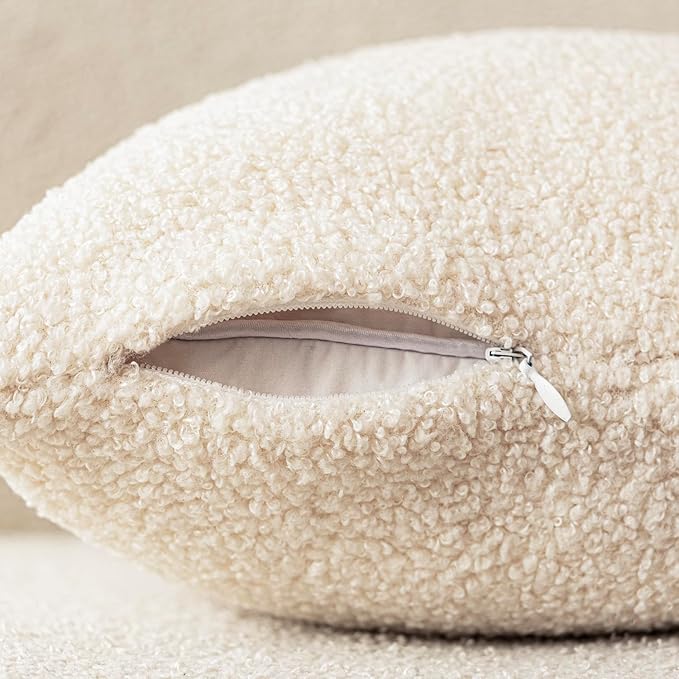 Foindtower Pack of 2, Curly Faux Fur Decorative Throw Pillow Covers Soft Fuzzy Plush Cushion Case with Zipper Cozy Pillowcase for Home Living Room Couch Bed Sofa 18 x 18 Inch,Light Ivory
