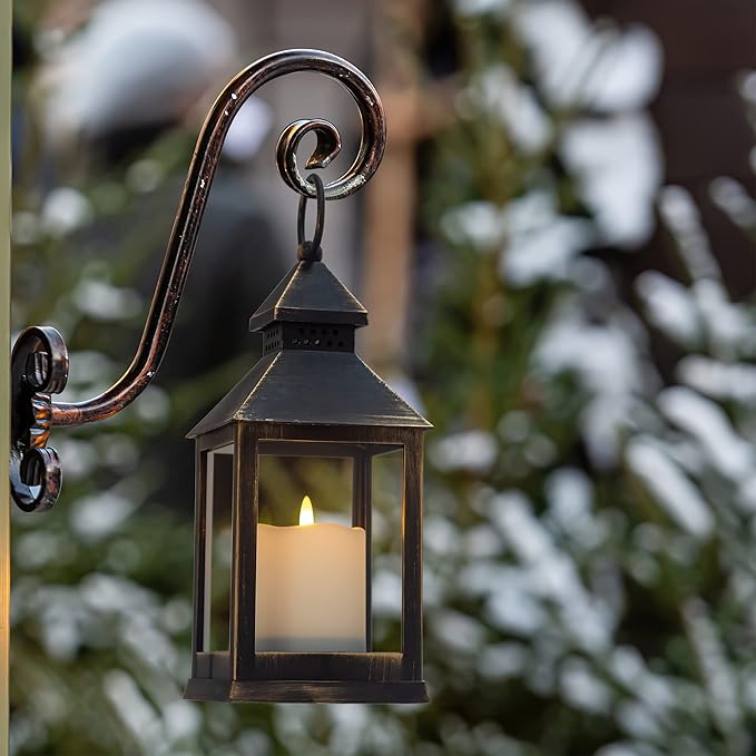 Vintage Golden Brushed Black Lantern Decorative LED Flickering Flameless Candle with Timer, Battery Powered LED Decorative Hanging Lanterns for Indoor Outdoor Garden Yard Home Decor(1 Pack)