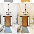 5-Light Farmhouse Chandelier, 17.72" Rustic Drum Dining Room Light Fixture, Vintage Wood Finish Metal Hanging Pendant Lighting, Industrial Candle Chandeliers for Living Room Kitchen Entryway Bedroom