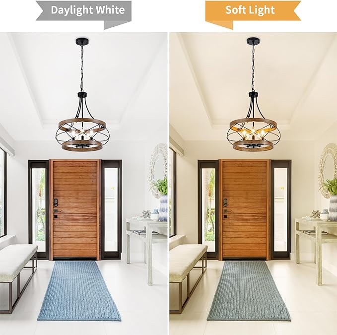 5-Light Farmhouse Chandelier, 17.72" Rustic Drum Dining Room Light Fixture, Vintage Wood Finish Metal Hanging Pendant Lighting, Industrial Candle Chandeliers for Living Room Kitchen Entryway Bedroom
