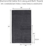 Texere 100% Organic Cotton Diamond Jacquard 700 GSM Luxury Bath Towel Sets - Spa Quality Bath Towels, Hand Towels, Washcloths (Diamond, Black, 6 Piece)