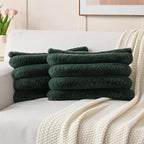 FUTEI Dark Green Decorative Throw Pillow Covers 12x20 Inch Set of 2, Square Soft Faux Rabbit Fur Big Striped Cushion Cover,Home Decor for Couch Sofa Bed Living Room