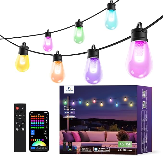 APPECK Smart Outdoor String Lights, 150ft Smart RGBW Outdoor Patio Lights with 45 LED Bulbs, Extendable, 111 Scene Modes, IP65 Waterproof Lighting for Outside, Halloween Decor, Compatible with Alexa
