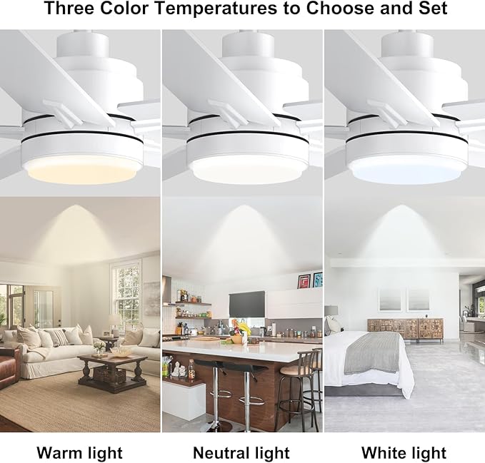 YUHAO 48 Inch White Ceiling Fan with Light and Remote Control.Noiseless,Dimmable, 3CCT,6 Speeds Reversible, Modern DC Ceiling Fans for Indoor Use