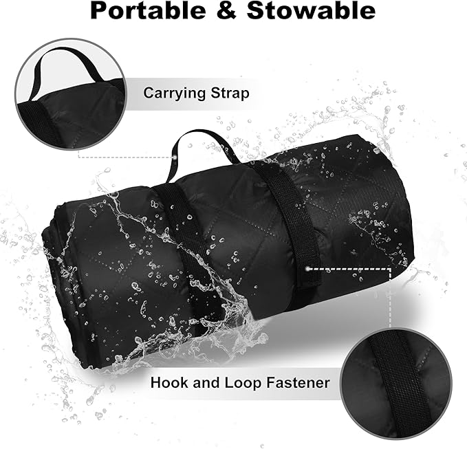 Waterproof Outdoor Blanket 82”X 55” Packable, Stadium Blankets for Camping with Fleece Lining, Large Windproof Emergency Throw Mat for Garss Picnic Hiking Road Trip, Machine Washable, Black 300GSM
