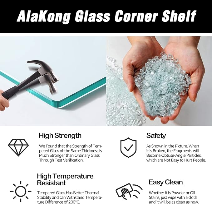 Set of 3 Shower Wall Mount Tempered Glass Shelves - Corner Shelf for Shower Organizer, No Drilling, Adhesive Mount