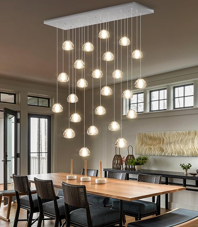 24-Lights Modern Rectangular Crystal Chandelier LED Raindrop Ceiling Pendant Light Crystal Lighting Fixture for Living Room Hotel Staircase Hallway Foyer Entryway Bedroom Silver