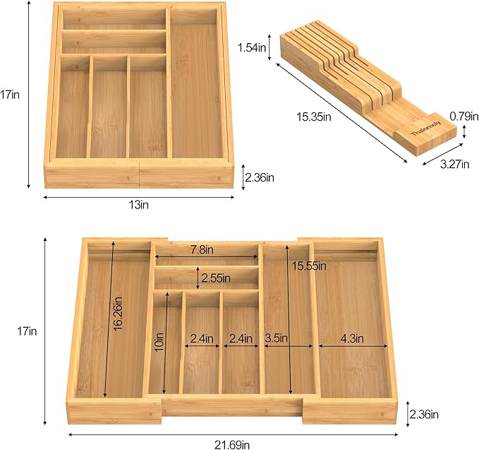 Bamboo Kitchen Drawer Organizer, Expandable Utensil Organizer with Removable Knife Block, Cutlery Tray Holder with Divider, Adjustable Silverware Organizer, Wood Tableware Dividers Storage