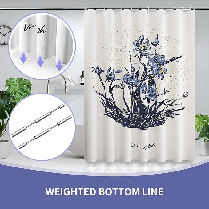 LaCyan Shower Curtain with 12 Hooks Waterproof Curtain for Bathroom Modern Art Floral Polyester Fabric Abstract Shower Curtains 72x72 Irises