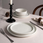 Famiware Starlight Dinnerware Sets, Plates and Bowls Dish Set of 4 (12 Pieces), Ribbed Textured Tableware - Dishwasher & Microwave Safe, Chip Resistant, Reactive Glaze, Matte Reactive White