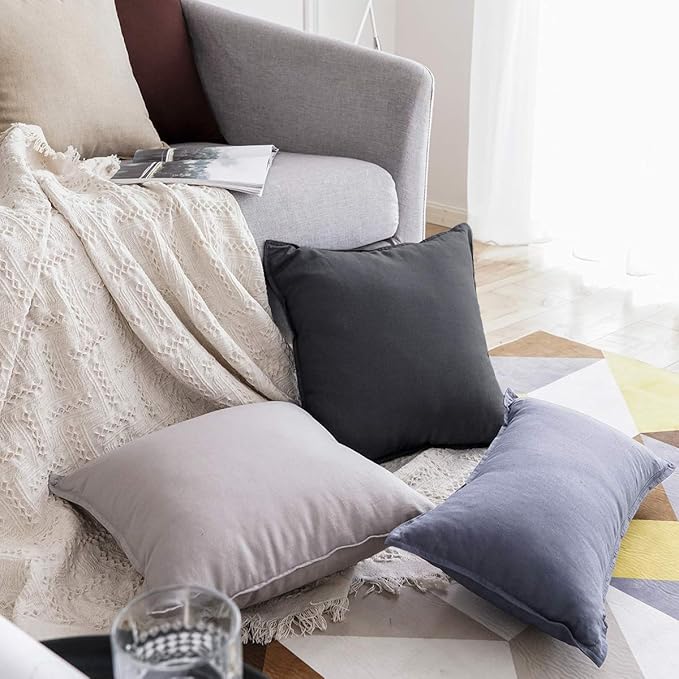 Jeanerlor Cotton Linen Soft Soild Decorative Square Throw Pillow Covers Set Cushion Case for Sofa Bedroom Car24 x 24 Inch 60 x 60cm, Pack of 2, Dark Grey