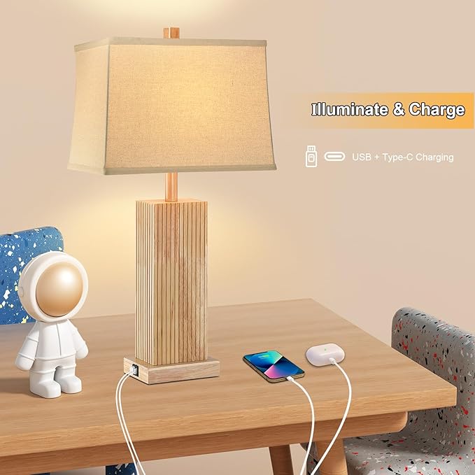 27.5" Wood Table Lamp, Modern Farmhouse Bedroom Lamp for Nightstand with USB Charging Port, Natural Wooden Base Table Lamp for Living Room Bedroom, Bulb Included (Natural Wood)