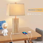 27.5" Wood Table Lamp, Modern Farmhouse Bedroom Lamp for Nightstand with USB Charging Port, Natural Wooden Base Table Lamp for Living Room Bedroom, Bulb Included (Natural Wood)