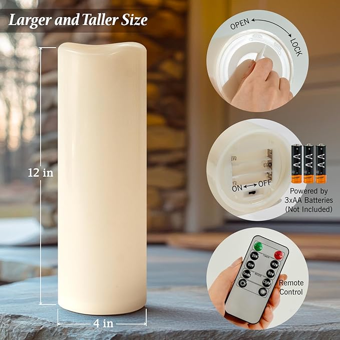 4" x 12" Large Waterproof Outdoor Flameless Candles Battery Operated LED Flickering Pillar Candles with Remote and Timer for Indoor Outdoor Lanterns, Off White, Long Lasting, Set of 2
