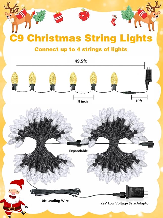 2 Pack 66FT 100LED Extendable C9 Christmas Lights Outdoor/Indoor, Waterproof Christmas String Lights Plug in, Green Wire LED Fairy Lights for Xmas Tree Garden Patio Wedding Party Decor (Warm White )