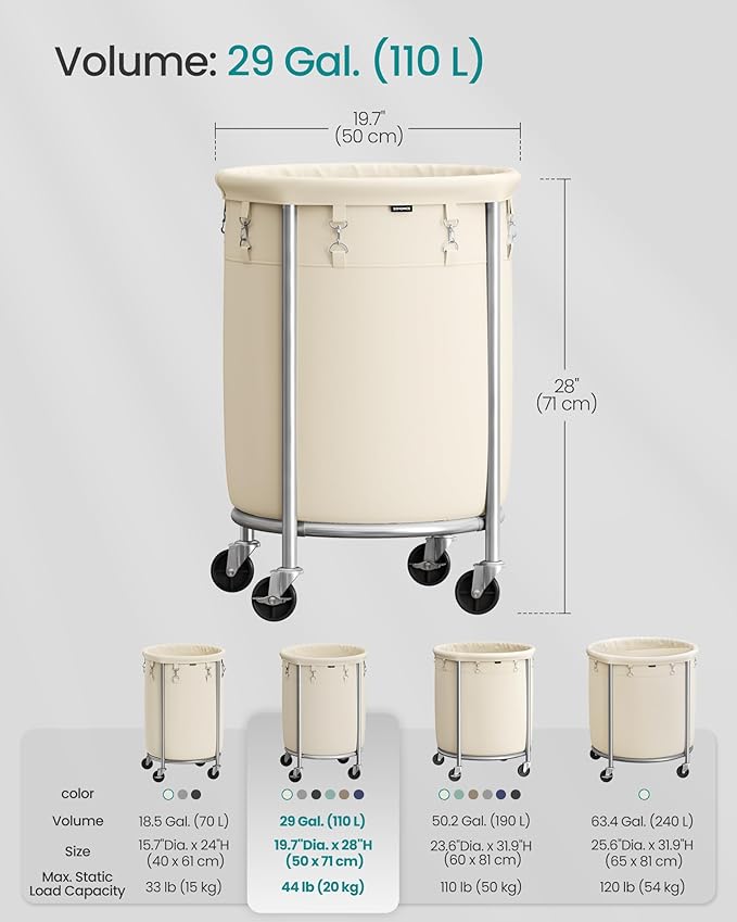SONGMICS 29-Gallon (110 L) Laundry Basket with Wheels, Rolling Round Heavy-Duty Laundry Hamper Cart with Steel Frame and Removable Bag, 2 Locking Wheels, Cream White and Metallic Silver URLS002W01