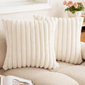 Double-Sided Faux Fur Plush Throw Pillow Covers 22x22 Set of 2 Fuzzy Striped Soft Cozy Pillowcase Luxury Decorative Pillows Square Fluffy Cushion Covers for Couch Sofa Bed,Cream White