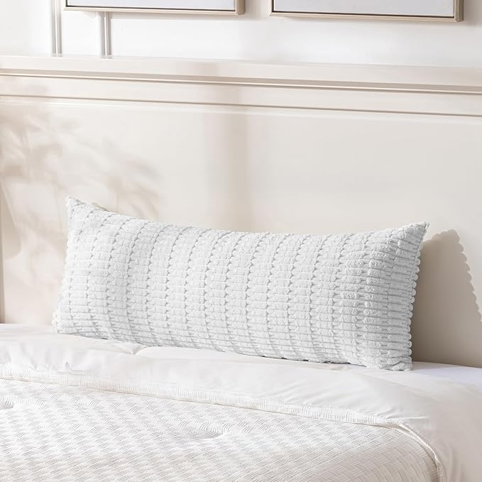 Fancy Homi Pure White Long Body Lumbar Lumbar Decorative Throw Pillow Covers 20x54 Inch for Bed Couch Bedroom Bench, Soft Corduroy Rectangle Solid Pillow Case, Rustic Farmhouse Boho Room Decor